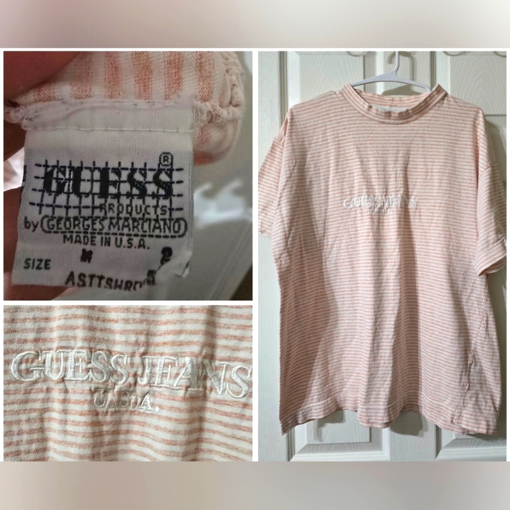 Vintage 80s Guess Striped Short Sleeve Top, Oversized/Boxy, Mockneck, Unisex EUC